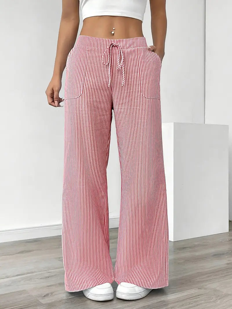 Isola | Wide Leg Trousers for Women - Striped Flared Drawstring Boho Beach Summer Fit-Women's Pants-Pink-S-Camoufit