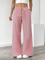 Isola | Wide Leg Trousers for Women - Striped Flared Drawstring Boho Beach Summer Fit-Women's Pants-Pink-S-Camoufit