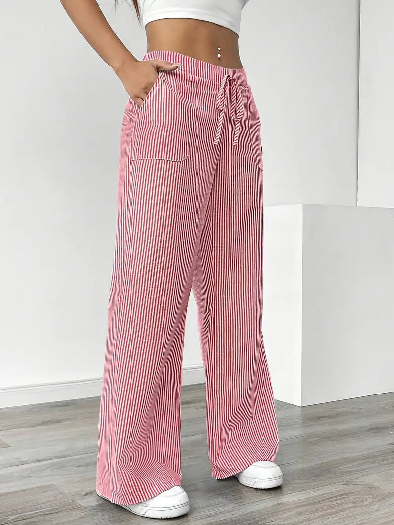 Isola | Wide Leg Trousers for Women - Striped Flared Drawstring Boho Beach Summer Fit-Women's Pants-Yellow-S-Camoufit