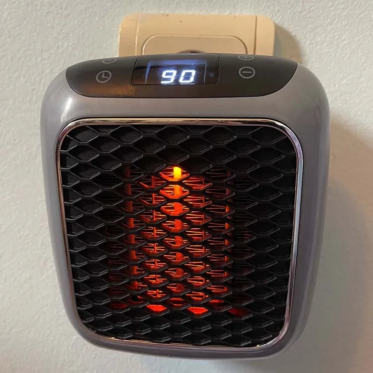 Portable electric heater front view with digital display and glowing heating grid