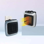 Compact electric fan heater with front mesh grille and digital temperature display