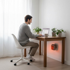 Portable electric heater with glowing heating element, on a wooden side table