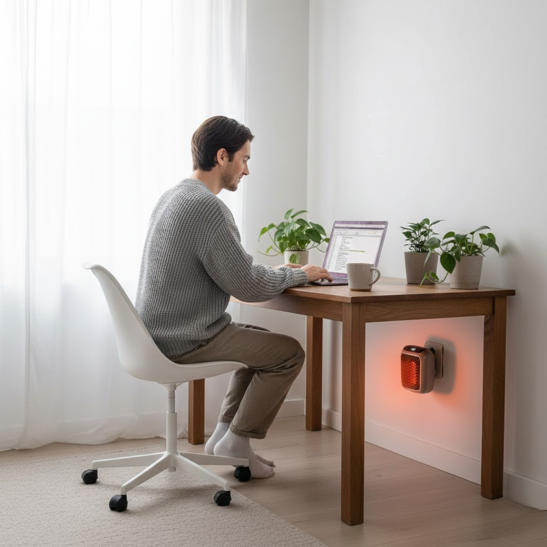 Portable electric heater with glowing heating element, on a wooden side table