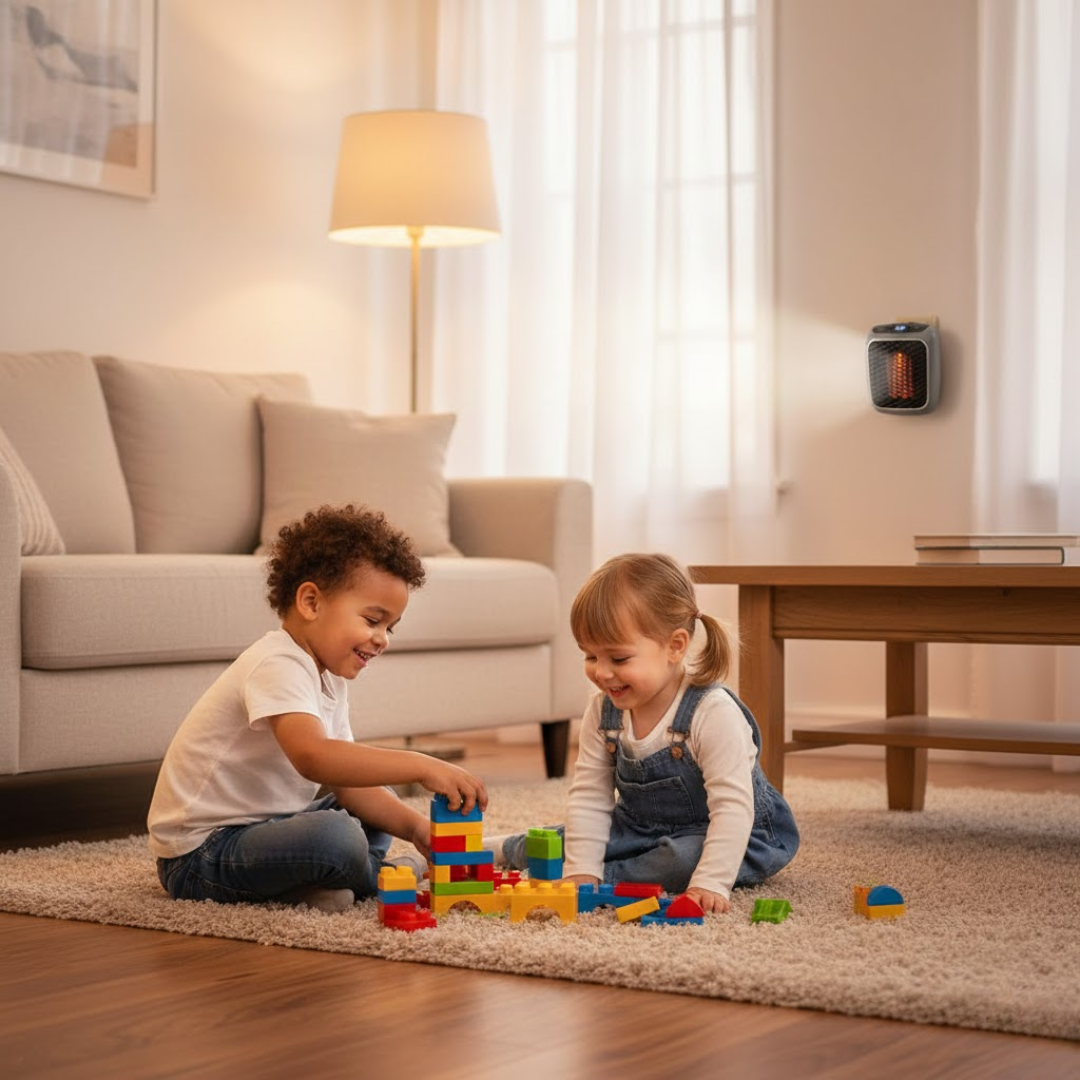 Portable electric heater mounted on wall with warm glow near children playing