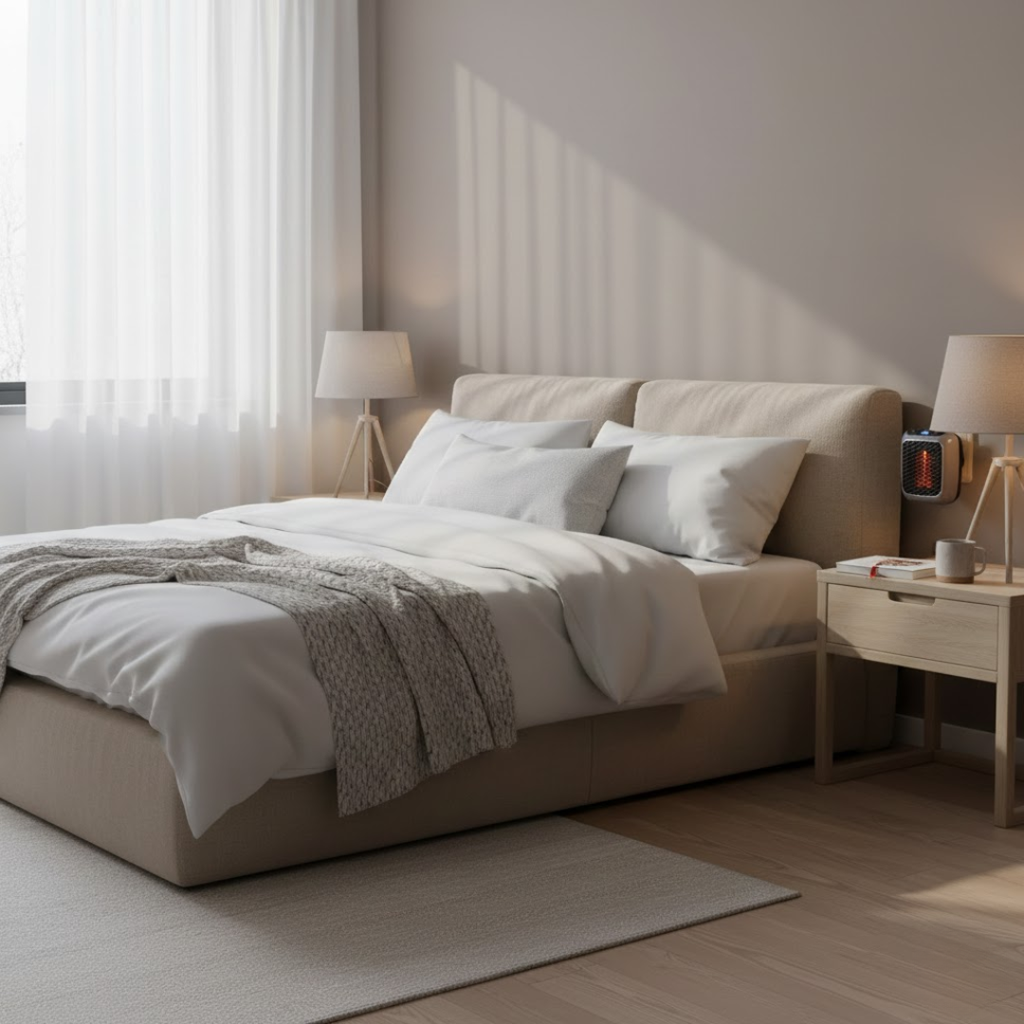 Portable electric heater on bedside table with warm glow beside the bed