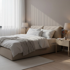 Portable electric heater on bedside table with warm glow beside the bed