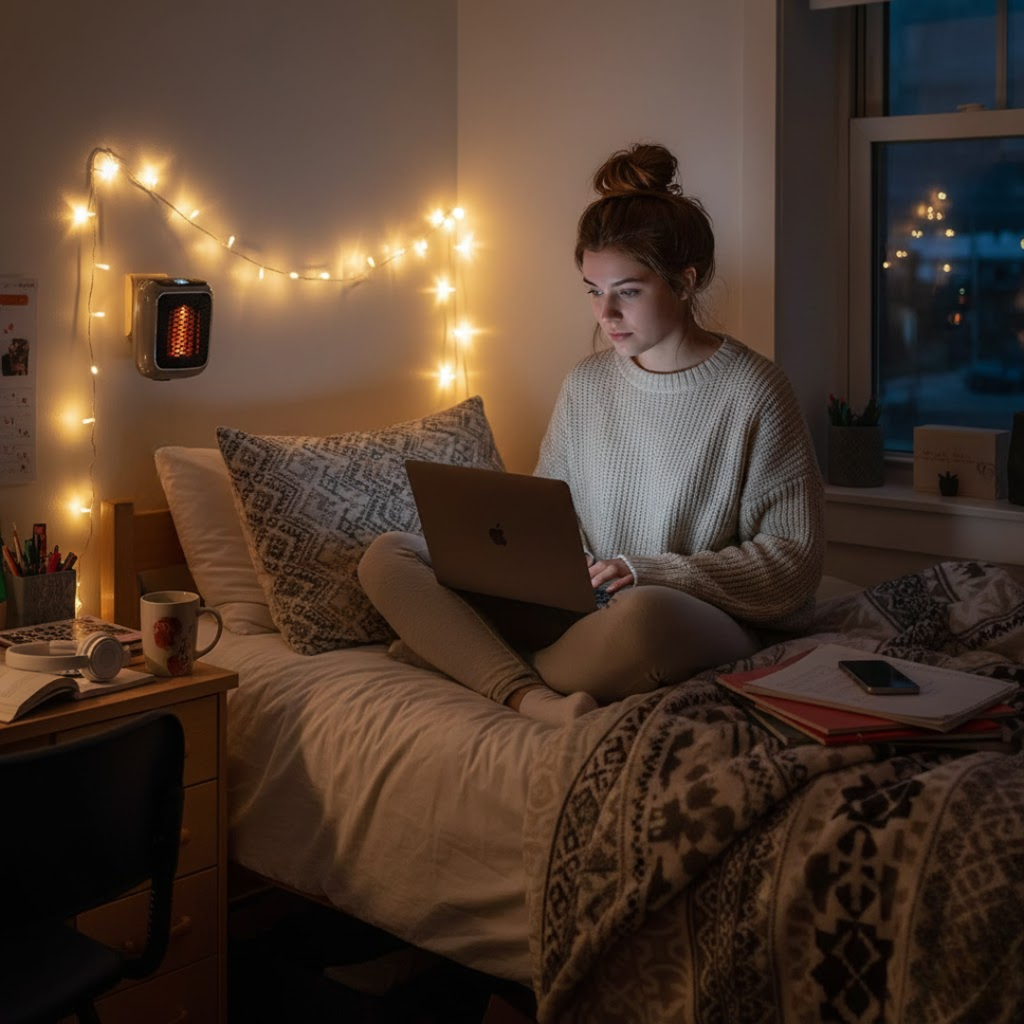 Portable electric heater on wall with warm glow in a cozy bedroom with person on laptop