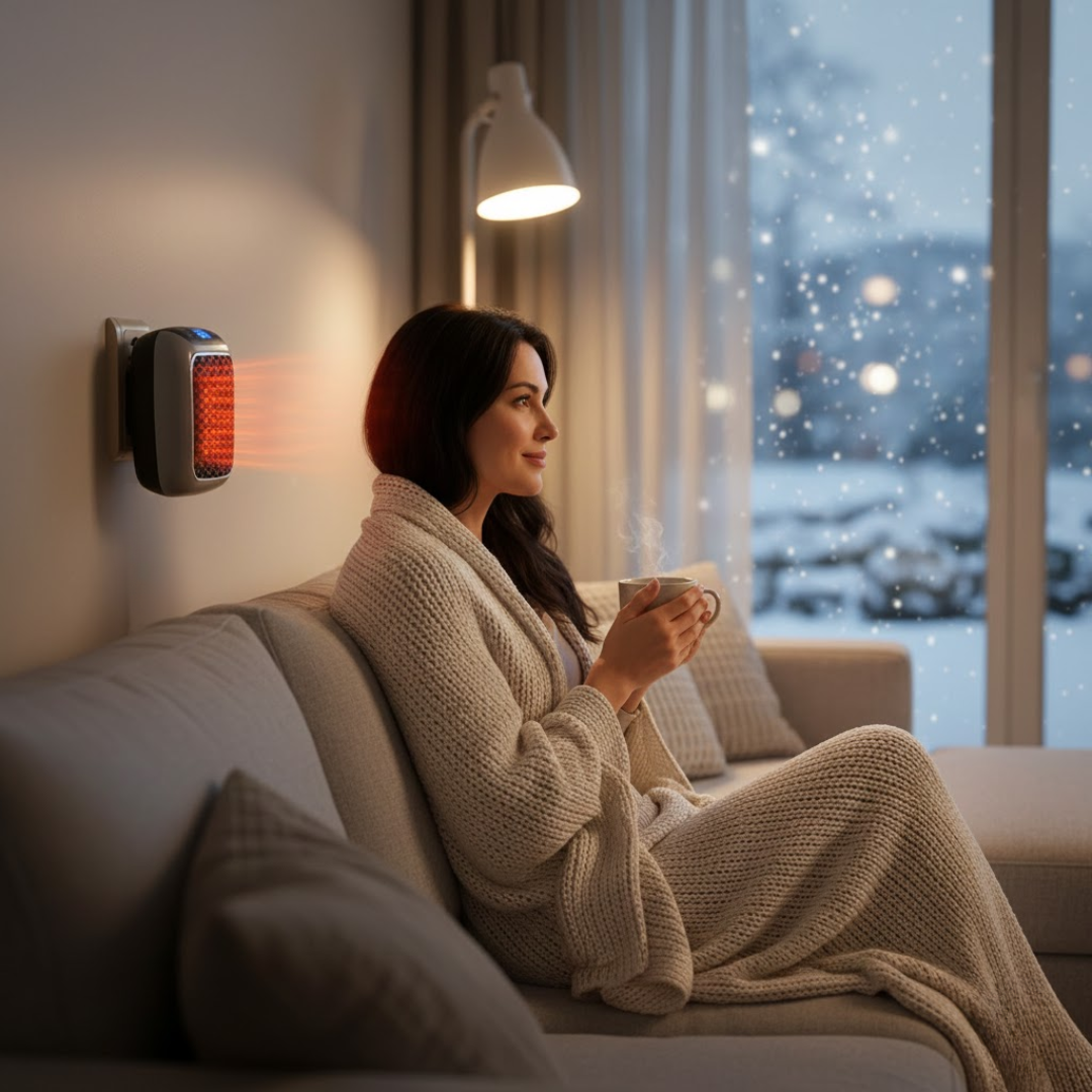 Portable electric heater mounted on wall with warm glow near a blanket-wrapped person