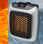 Portable electric heater close-up showing glowing grille and front control panel