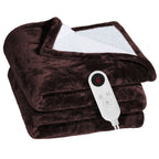 Electric heated flannel blanket, dark brown, folded with white controller and cord