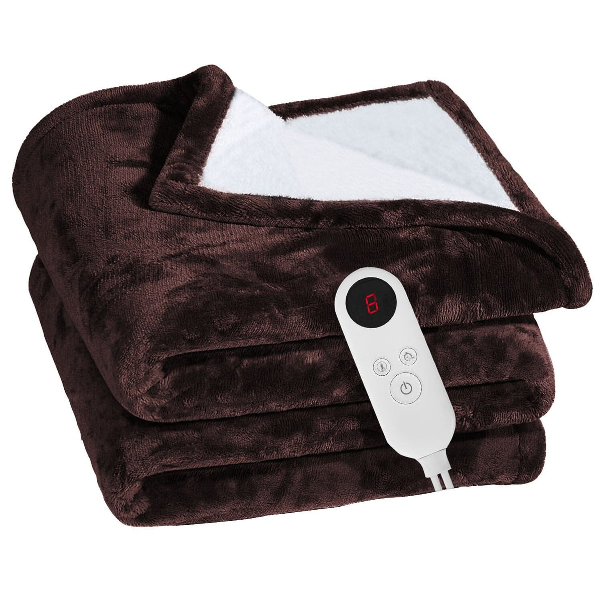 Electric heated flannel blanket, dark brown, folded with white controller and cord