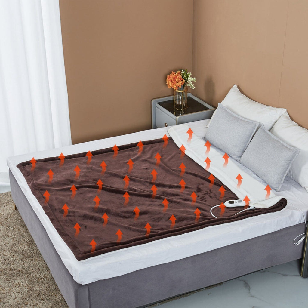 Electric heated flannel blanket laid on a bed, dark brown, controller cable visible