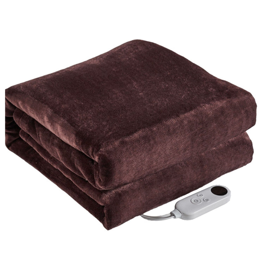 Electric heated flannel blanket, dark brown, neatly folded with attached controller cord