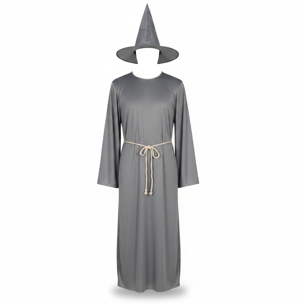 Men's Grey Wizard Robe Hat and Cord Halloween Costume