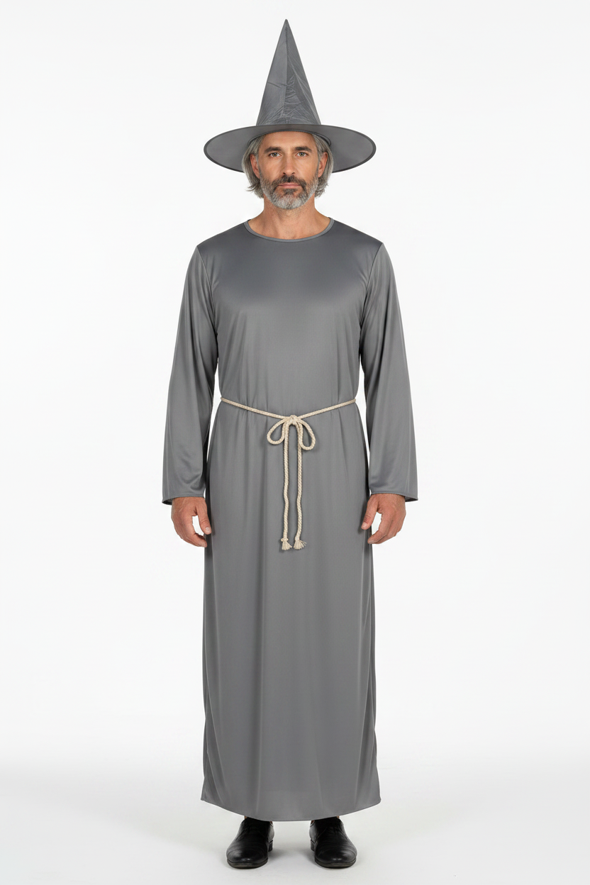 Men's Grey Wizard Robe Hat and Cord Halloween Costume