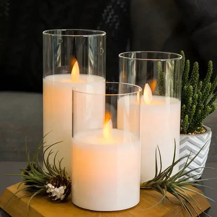 Flameless candle set with three frosted candle cups and warm LED flames in glass