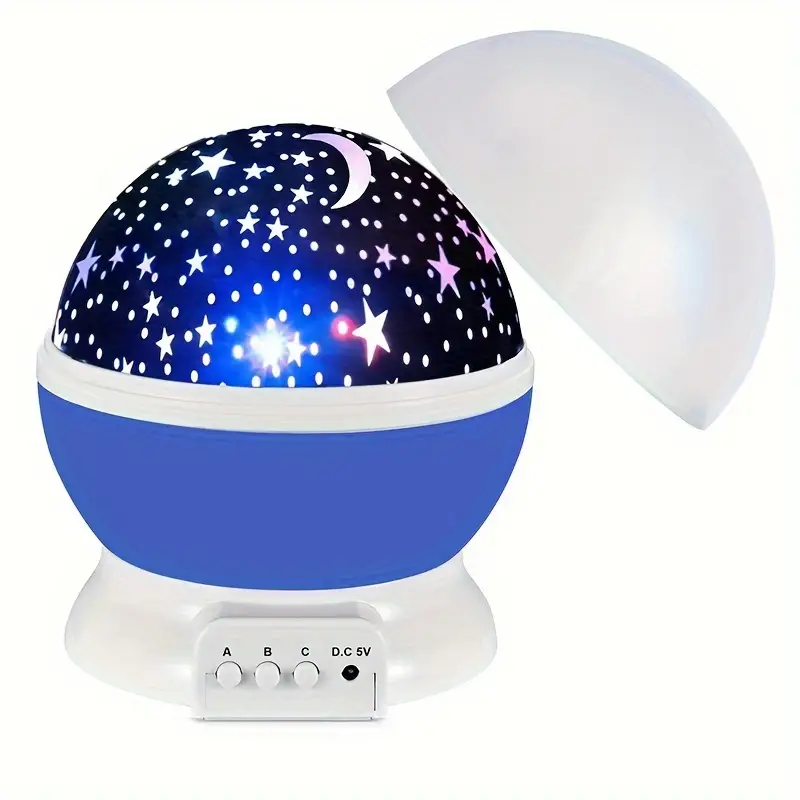Starry sky night light with black star dome and blue base, white lid open