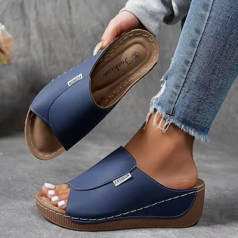 Fiora | Wedge Slide Sandals for Women - Open Toe Platform Wide Strap Regular Summer Fit-Women's Sandals-Blue-3-Camoufit