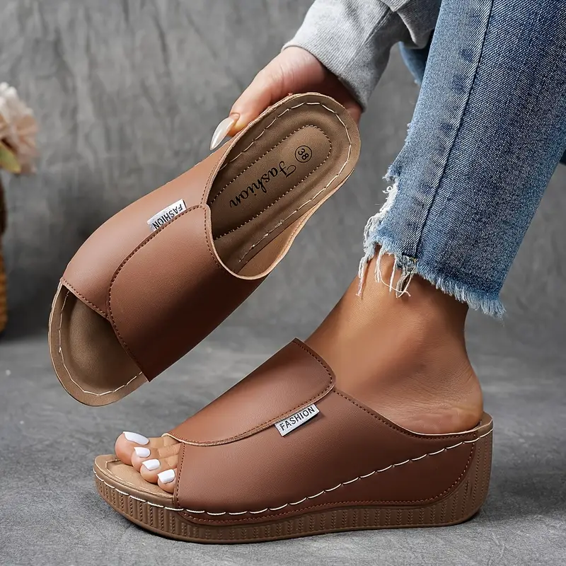 Fiora | Wedge Slide Sandals for Women - Open Toe Platform Wide Strap Regular Summer Fit-Women's Sandals-Brown-3-Camoufit