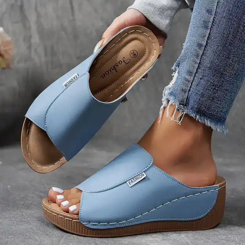 Fiora | Wedge Slide Sandals for Women - Open Toe Platform Wide Strap Regular Summer Fit-Women's Sandals-Light Blue-3-Camoufit
