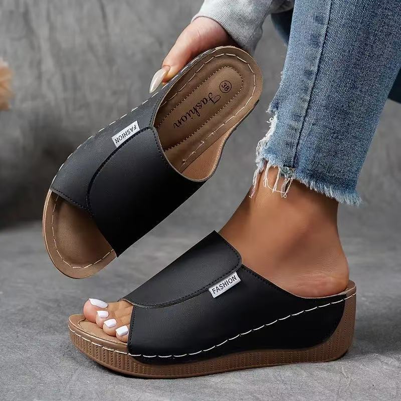 Fiora | Wedge Slide Sandals for Women - Open Toe Platform Wide Strap Regular Summer Fit-Women's Sandals-Black-3-Camoufit