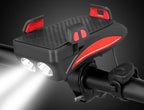 Red bike phone holder with built-in LED light, power bank, and horn button