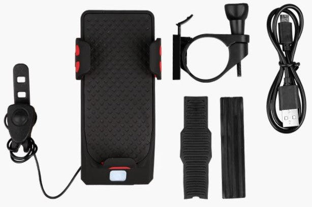 Black bike gadget accessory set: phone holder, straps, charging cable, and mounts
