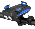 Black bike phone holder with dual LED lights, horn button, and blue accents