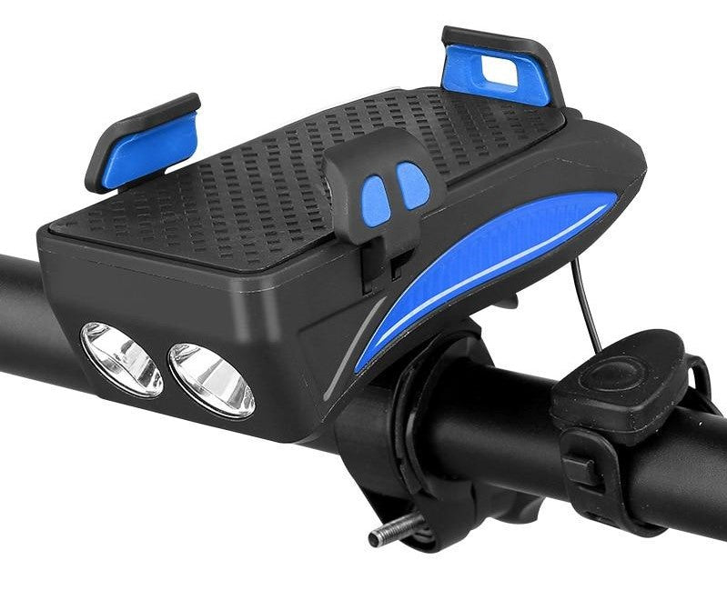 Black bike phone holder with dual LED lights, horn button, and blue accents