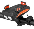 Black bike phone holder with dual LED lights, horn button, and orange accents
