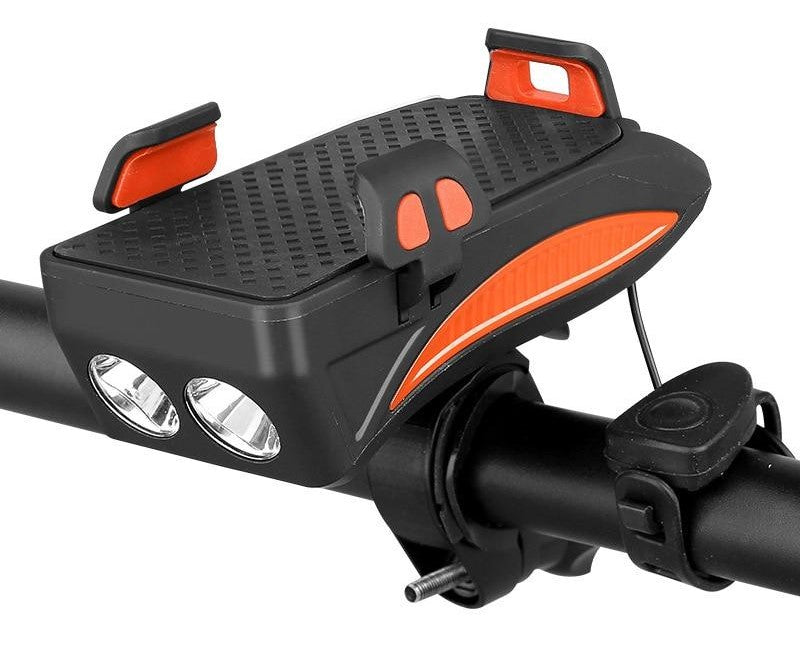 Black bike phone holder with dual LED lights, horn button, and orange accents