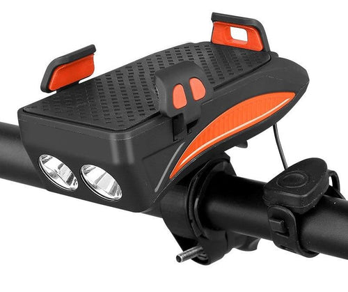 Black bike phone holder with dual LED lights, horn button, and orange accents