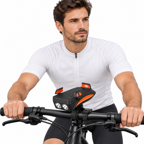 Bike phone holder gadget with LED light and horn, mounted on handlebar, orange accents