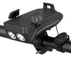 Black bike phone holder with dual LED lights, horn button, and red accents