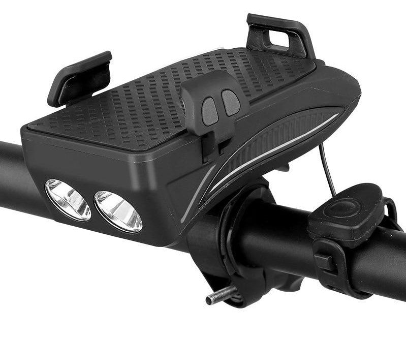 Black bike phone holder with dual LED lights, horn button, and red accents