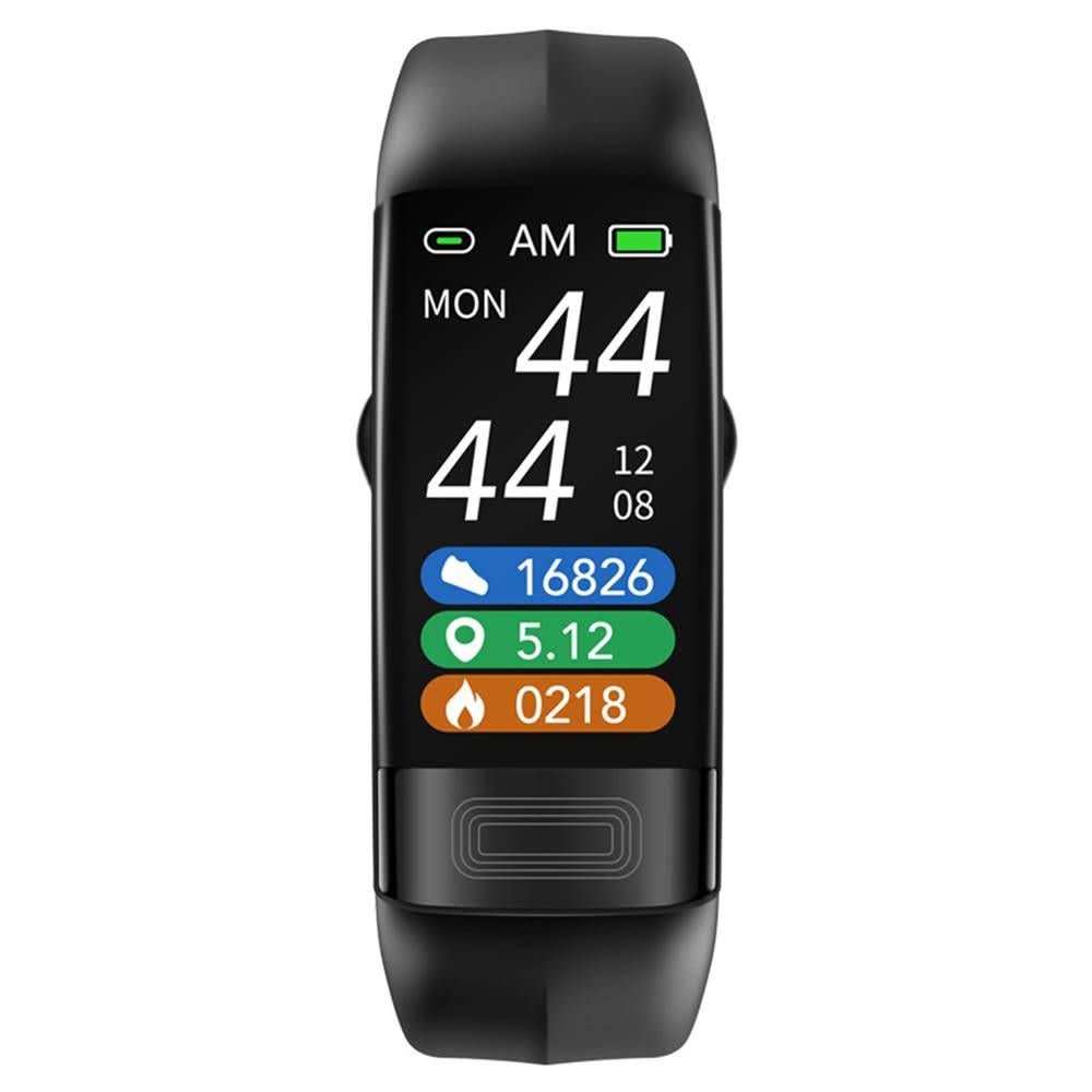 Black fitness tracker band close-up with digital screen and colored activity icons