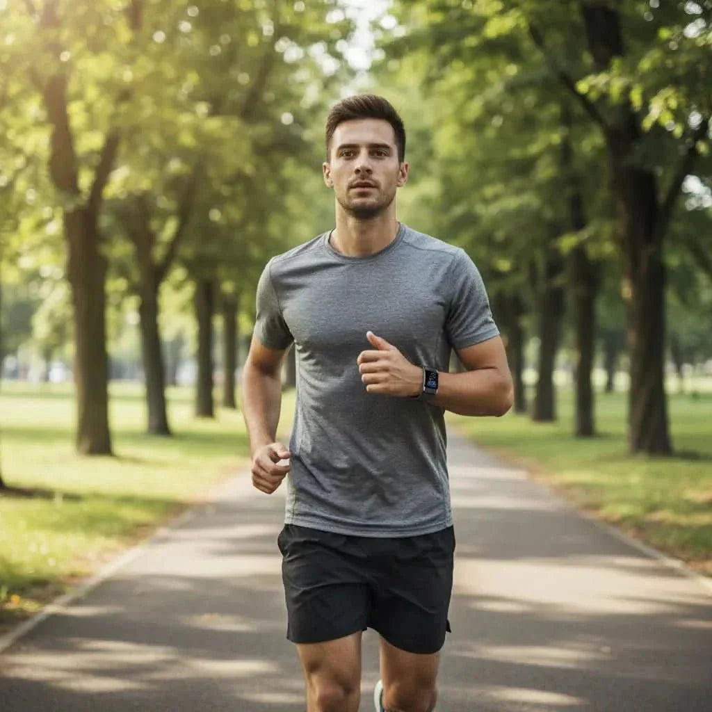 Fitness tracker band on runner’s wrist with dark screen during outdoor run