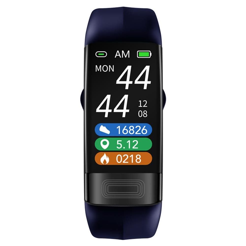 Navy fitness tracker band close-up with digital screen and colored activity icons