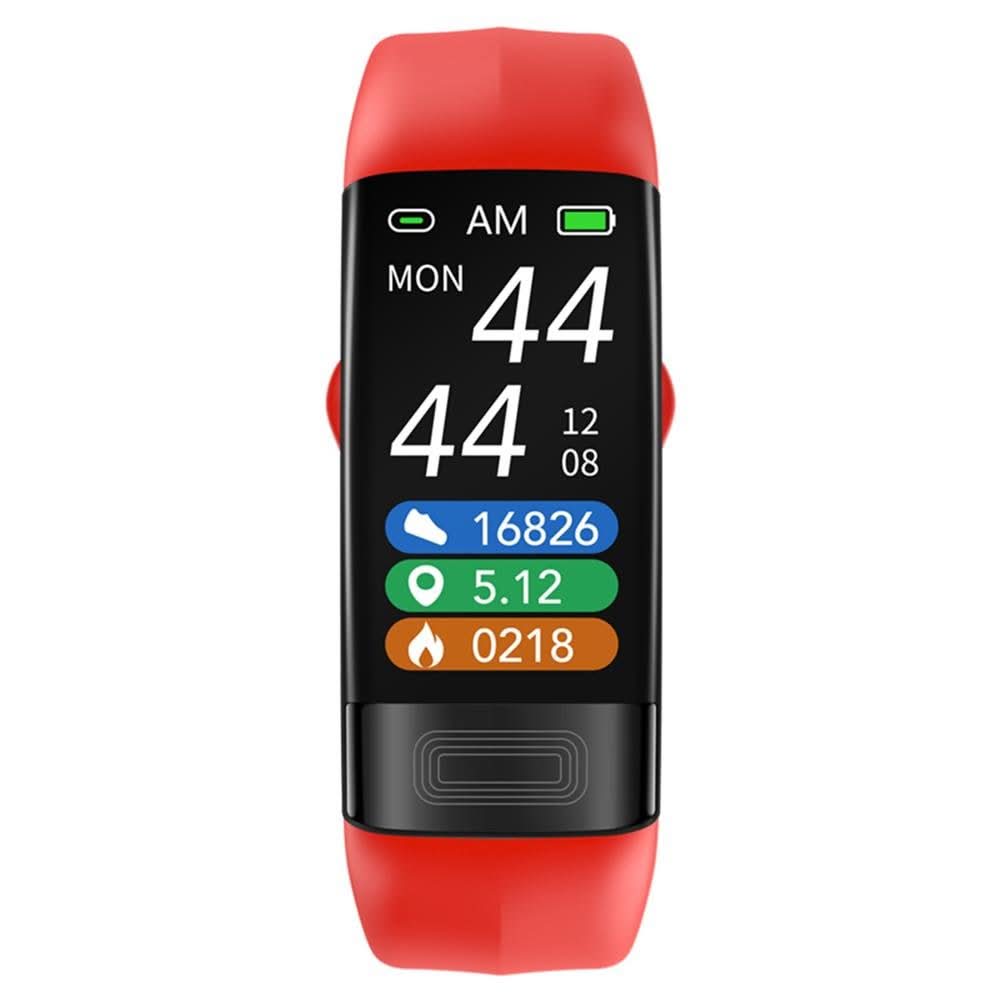 Red fitness tracker band close-up with digital screen and colored activity icons