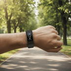 Black fitness tracker band on wrist with digital display showing activity stats