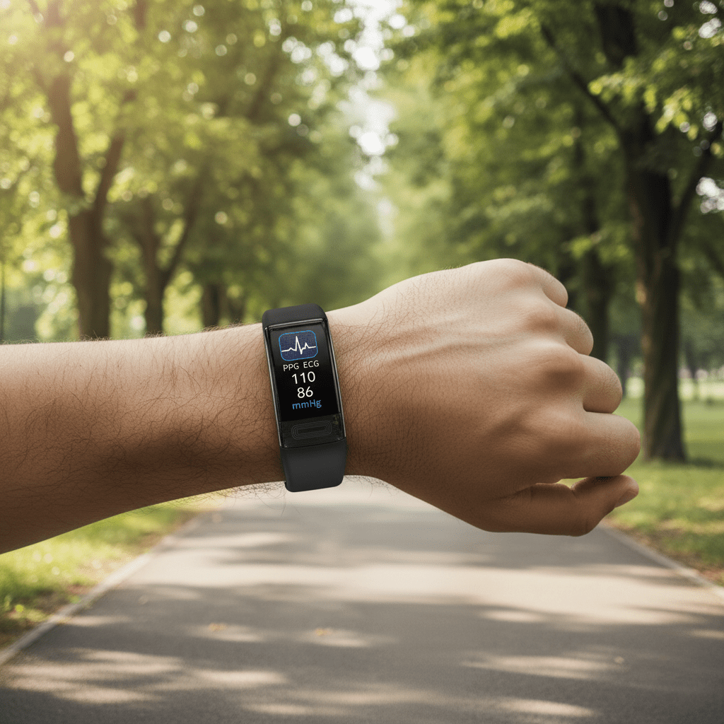 Black fitness tracker band on wrist with digital display showing activity stats