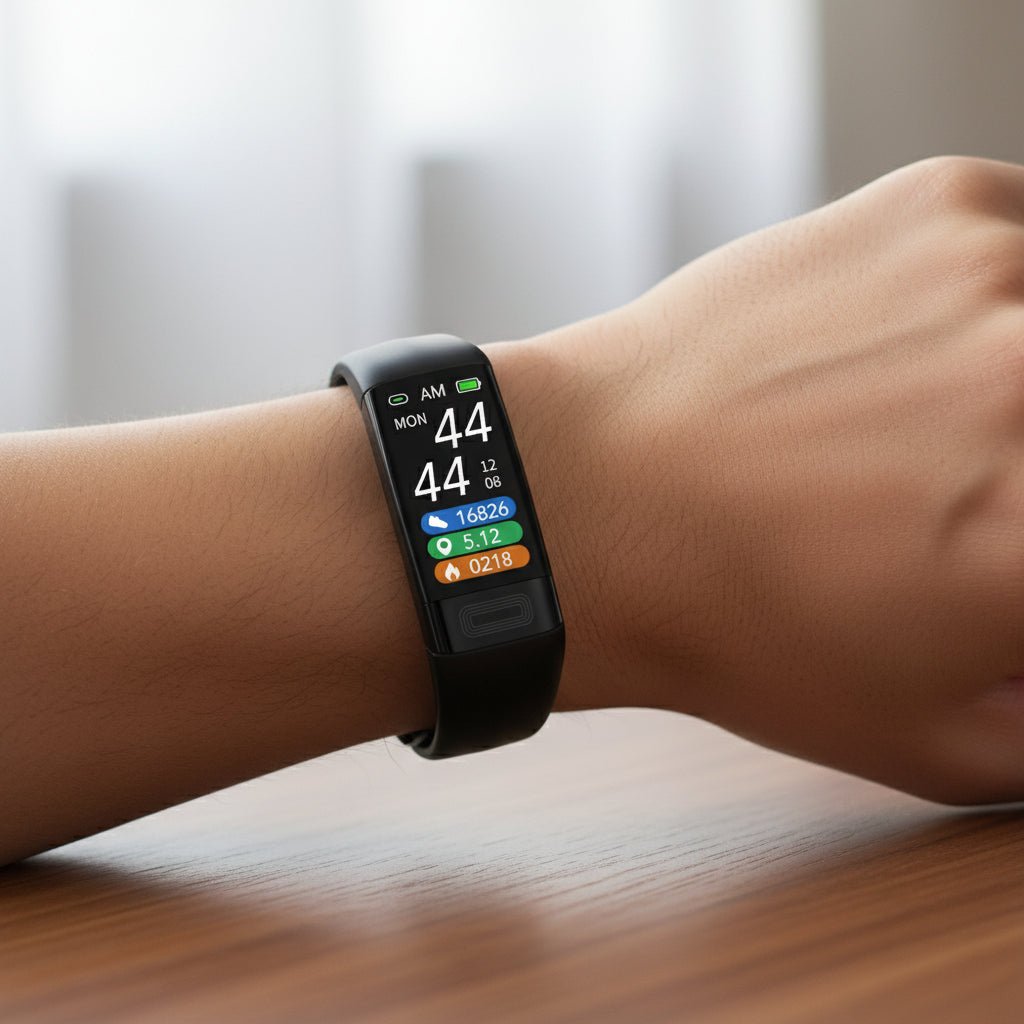 Fitness tracker smartwatch on wrist with black silicone strap, time and activity icons