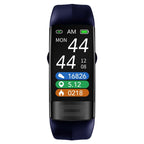 Fitness tracker smartwatch with black face and blue silicone strap, activity display