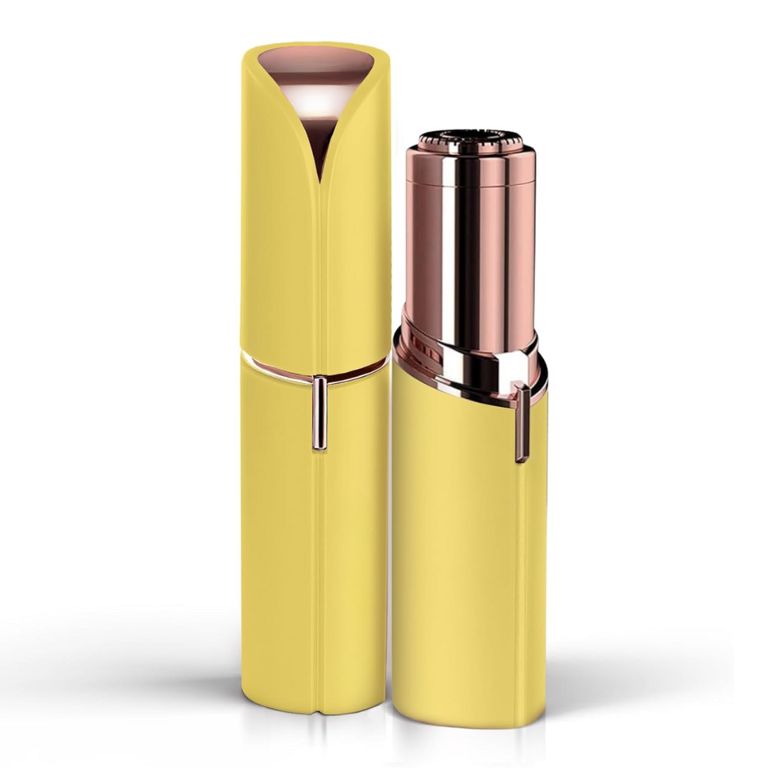 Electric facial hair trimmer in yellow finish with protective cap and trimming head.