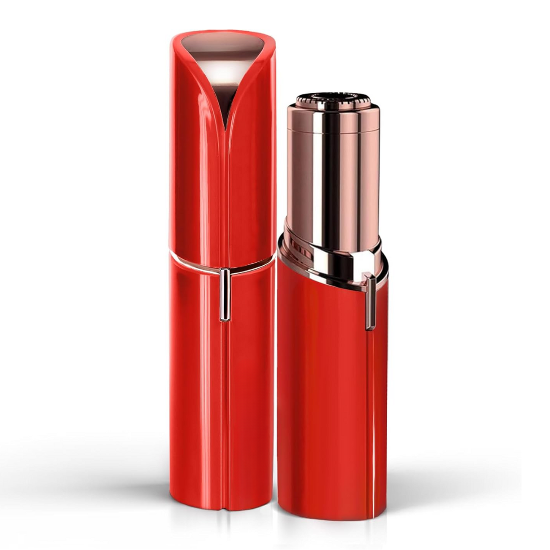 Electric facial hair trimmer in red finish with protective cap and trimming head.