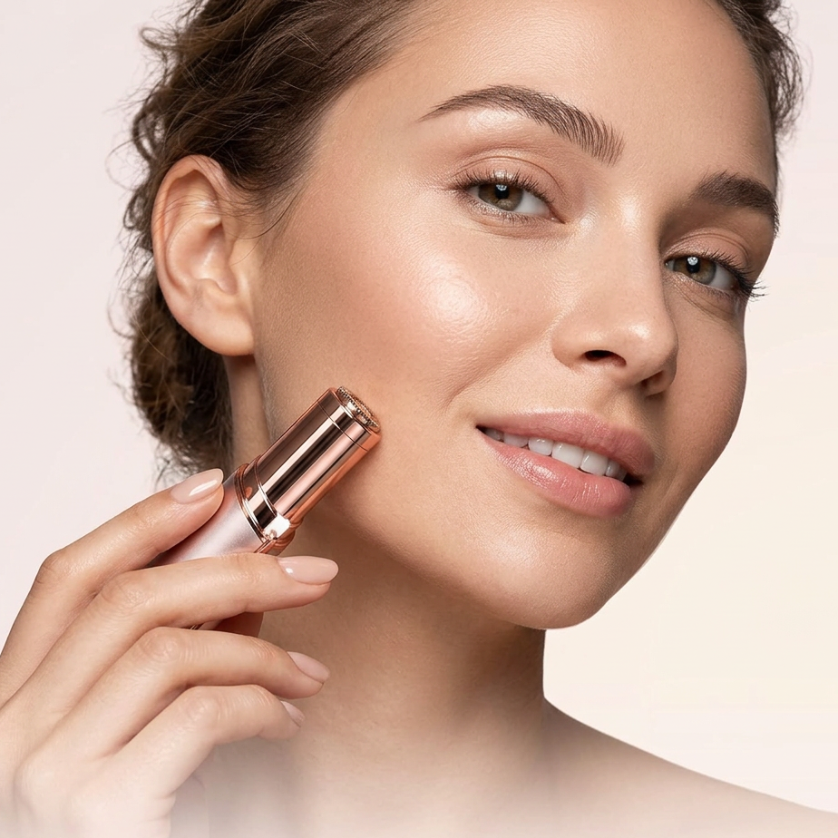 Electric facial hair trimmer held near upper lip with rose-gold body and trimming head.