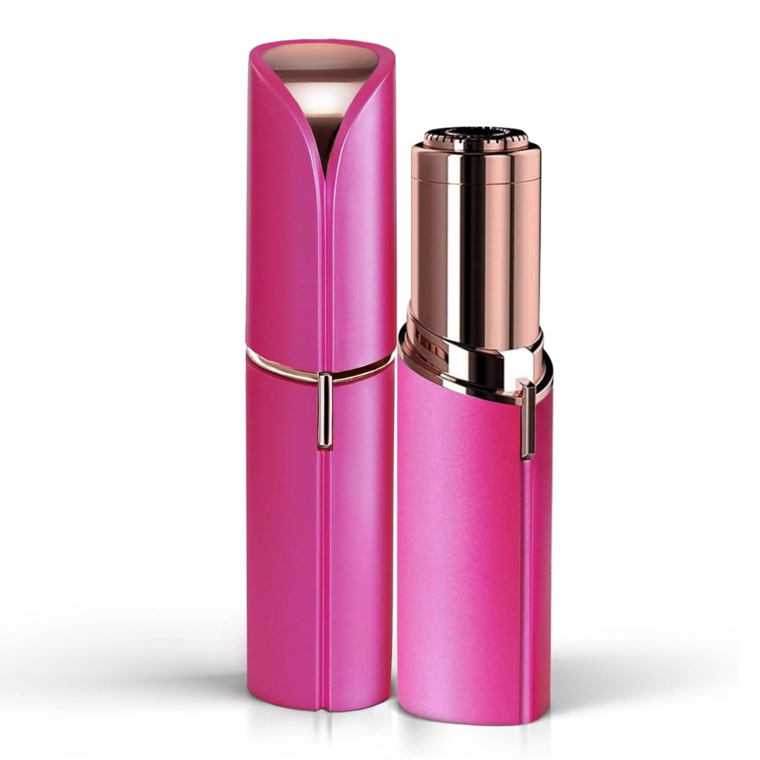 Electric facial hair trimmer in pink finish with protective cap and trimming head.
