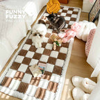 Chenille pet blanket with brown and white striped tiles and ruffled border