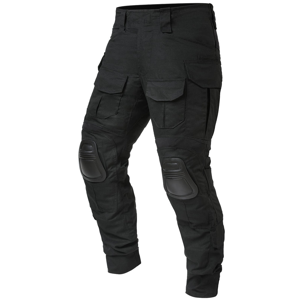 Rovano | Combat Pants for Men - Rip Stop Camo Knee Pad 10 Pocket Stretch Tactical Relaxed Fit-Tactical Cargo Pants-Black-28W/30L-Camoufit