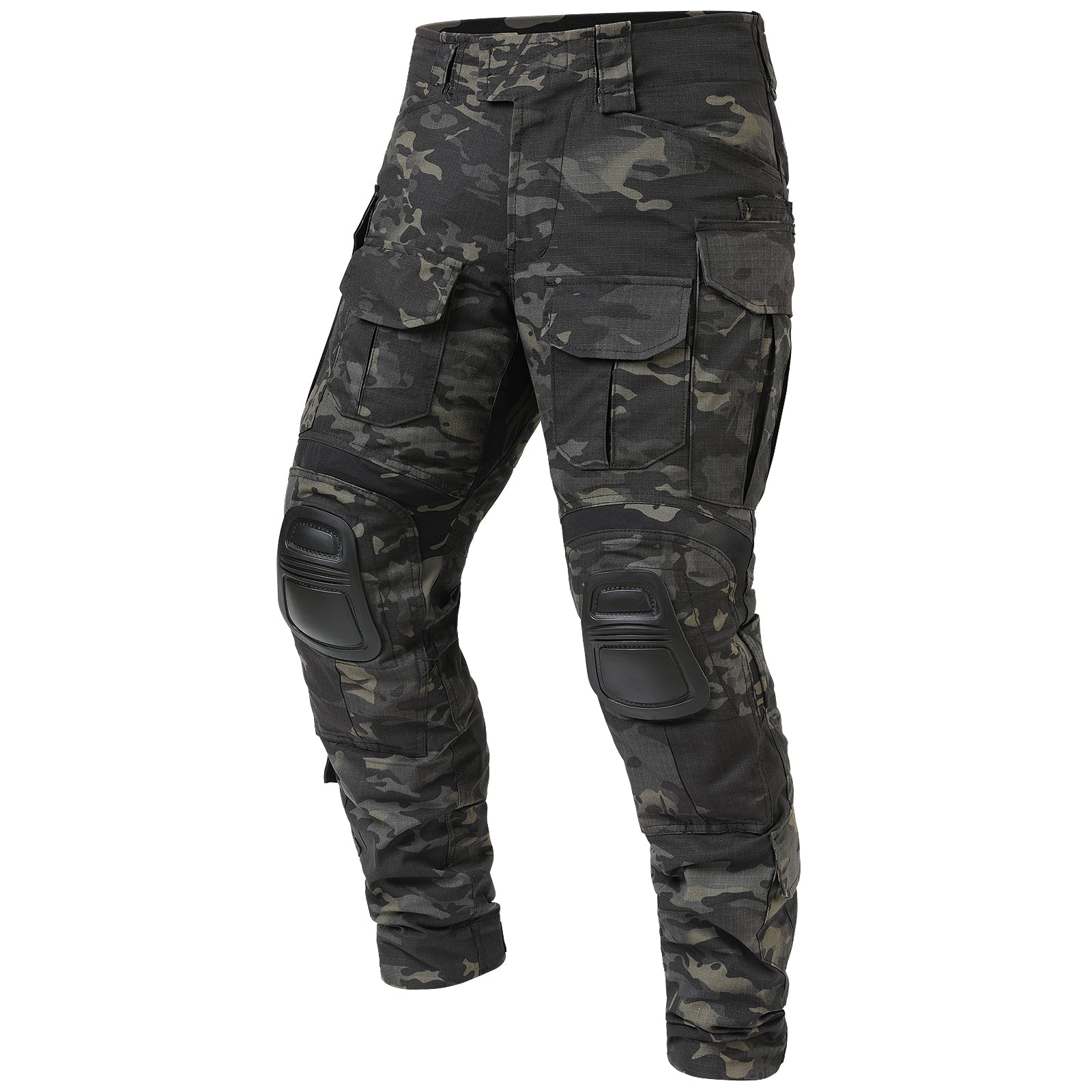 Rovano | Combat Pants for Men - Rip Stop Camo Knee Pad 10 Pocket Stretch Tactical Relaxed Fit-Tactical Cargo Pants-Dark Camo-28W/30L-Camoufit